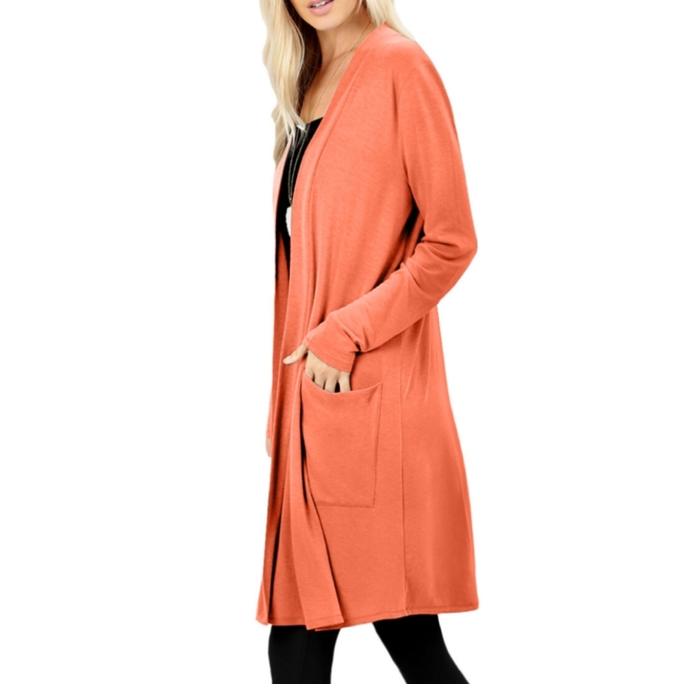 Peach Cardigan Sweater Long Sleeves Open Front W/Pockets Sz. L - Picture 2 of 10